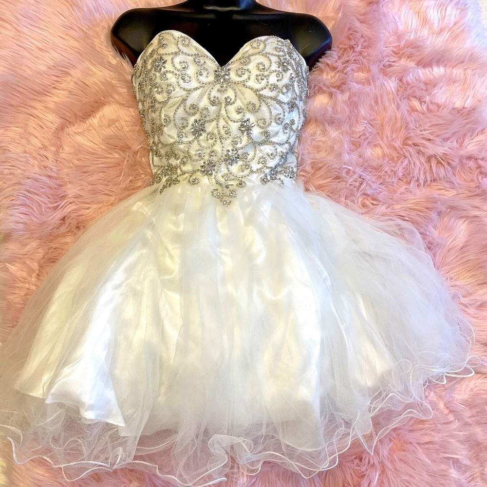 Prom Dress White Embellished Strapless Fit&Flare
